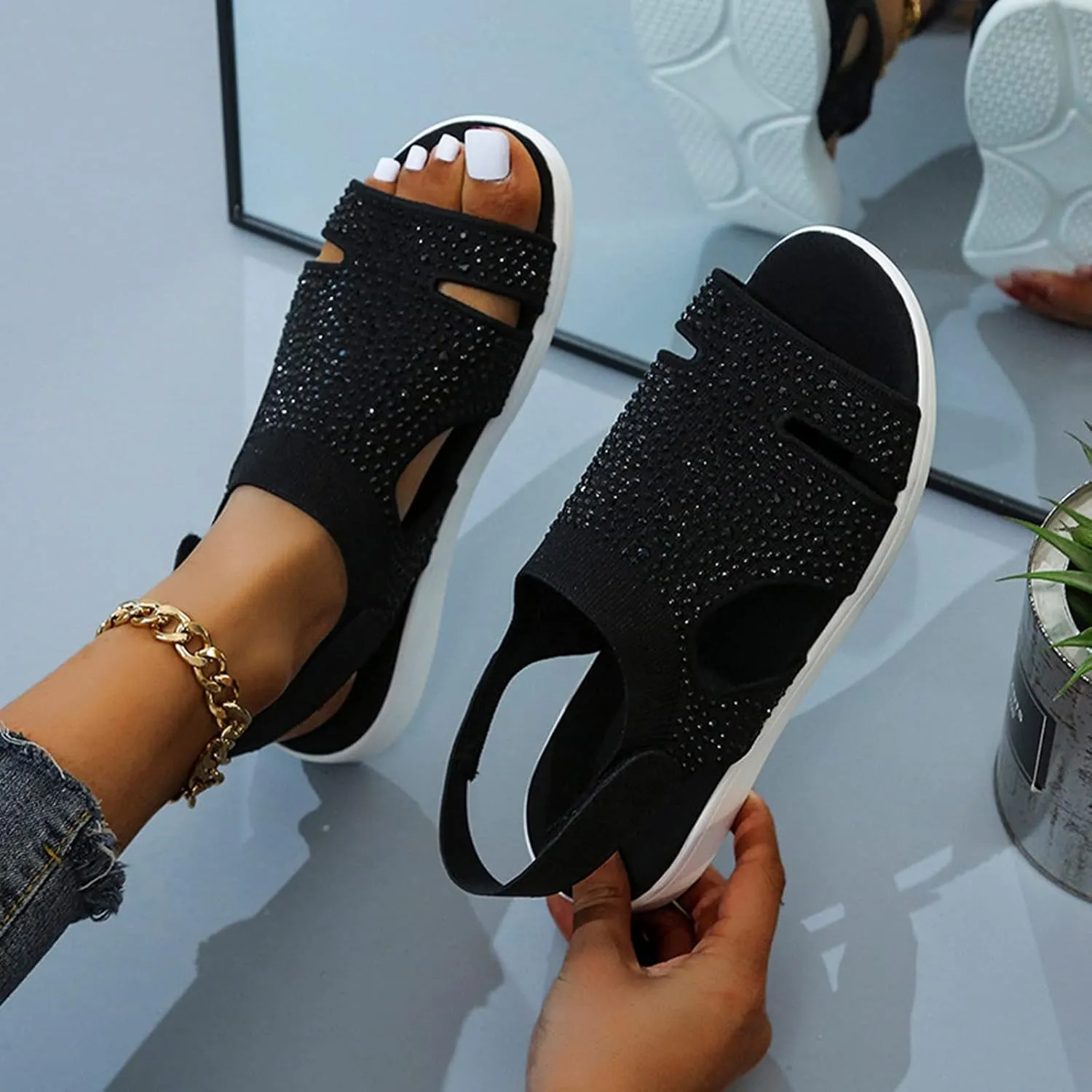 oiangi Rhinestone Sandals for Women Dressy Wedge Heel Stretch Knitted Hook and Loop Hook and Loop Hollow Breathable Slingback Sandals Summer Casual Open Toe Shoes