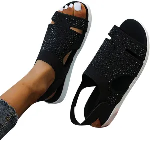 oiangi Rhinestone Sandals for Women Dressy Wedge Heel Stretch Knitted Hook and Loop Hook and Loop Hollow Breathable Slingback Sandals Summer Casual Open Toe Shoes