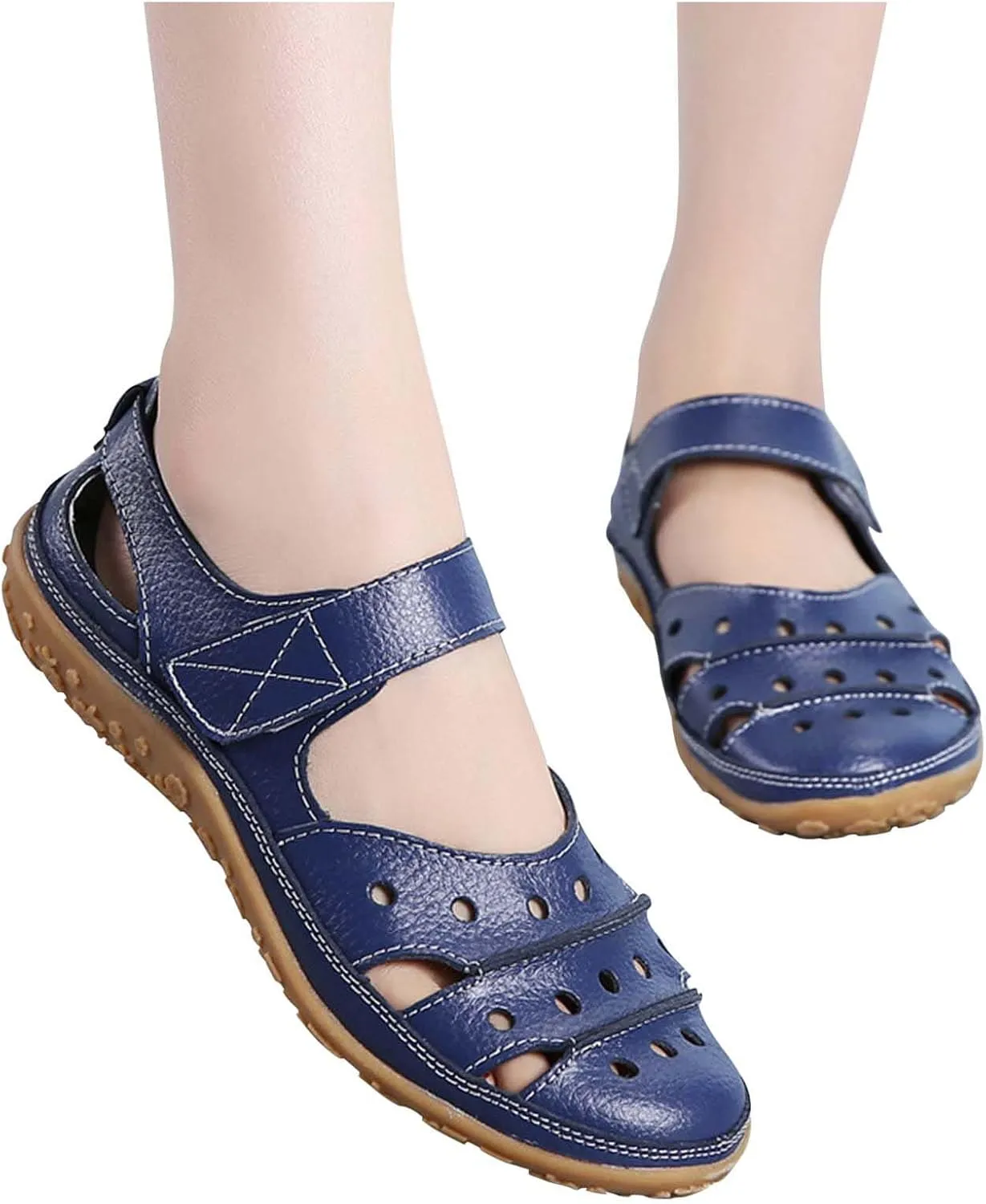 oiangi Womens Sandals Comfortable Wedge Sandals Summer Casual Hollow Hole Closed Toe Hook and Loop Sandals Lightweight Outdoor Non-Slip Ladies Shoes