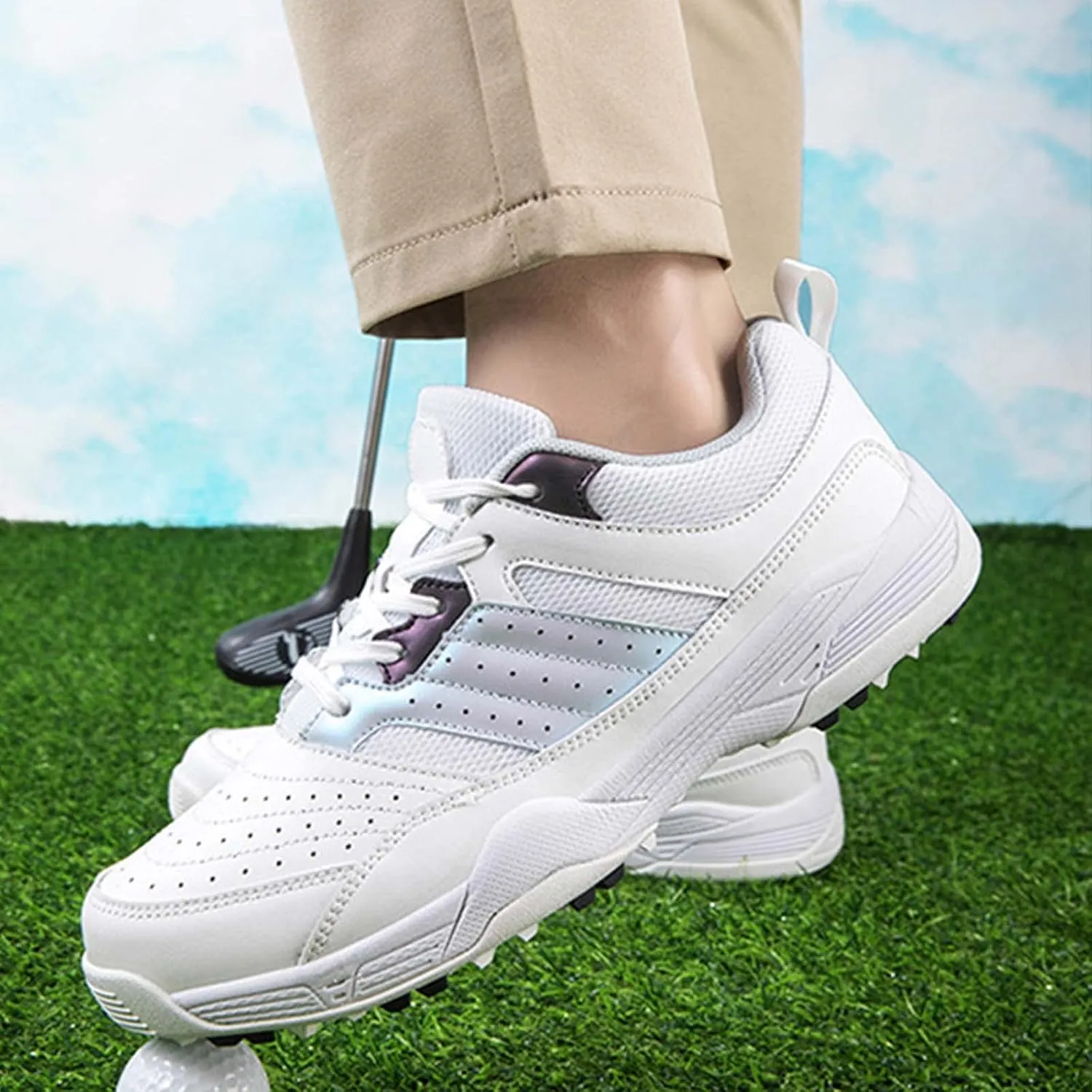 ONAIC Men's Golf Shoes Leather Waterproof Sneakers Breathable Anti-Skid Golf Trainers Wide Fitting Comfort Big Size