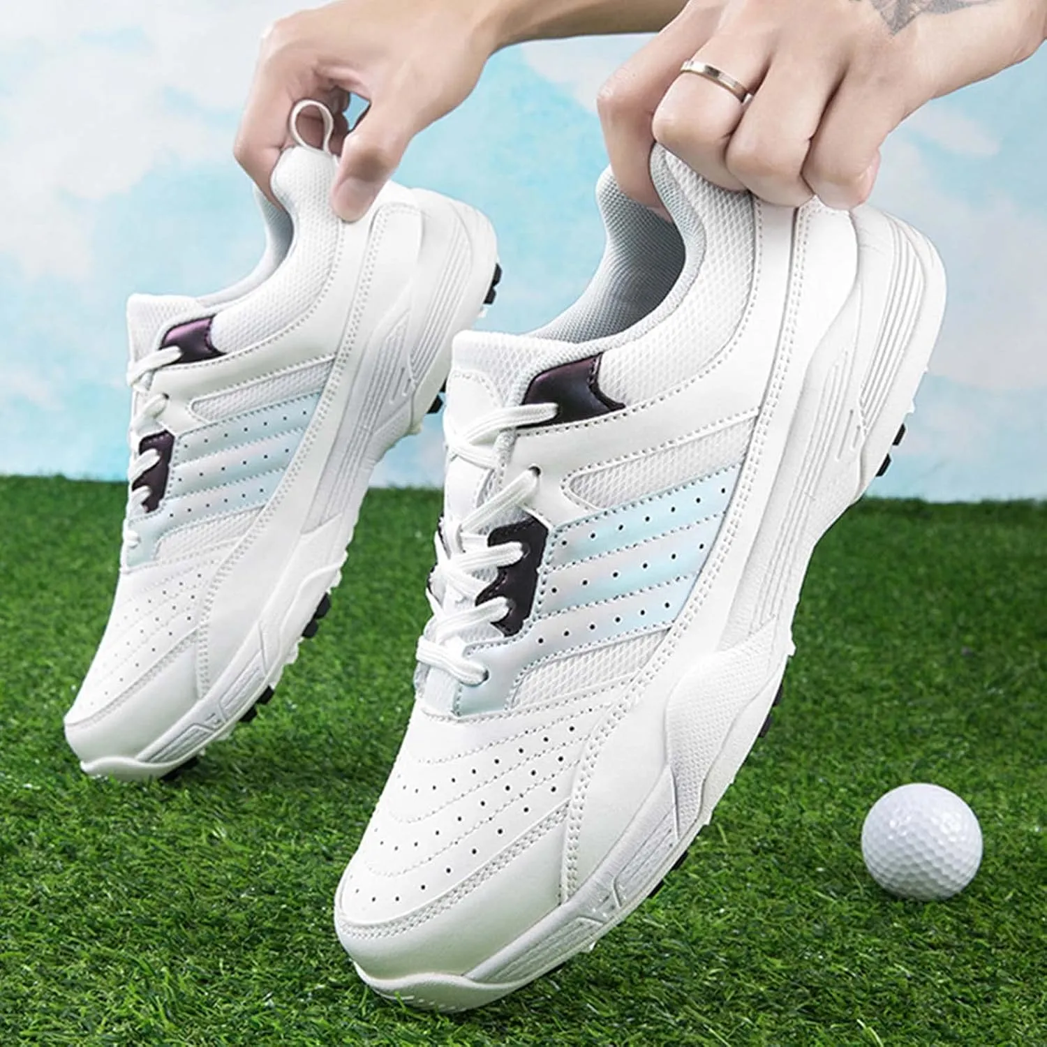 ONAIC Men's Golf Shoes Leather Waterproof Sneakers Breathable Anti-Skid Golf Trainers Wide Fitting Comfort Big Size