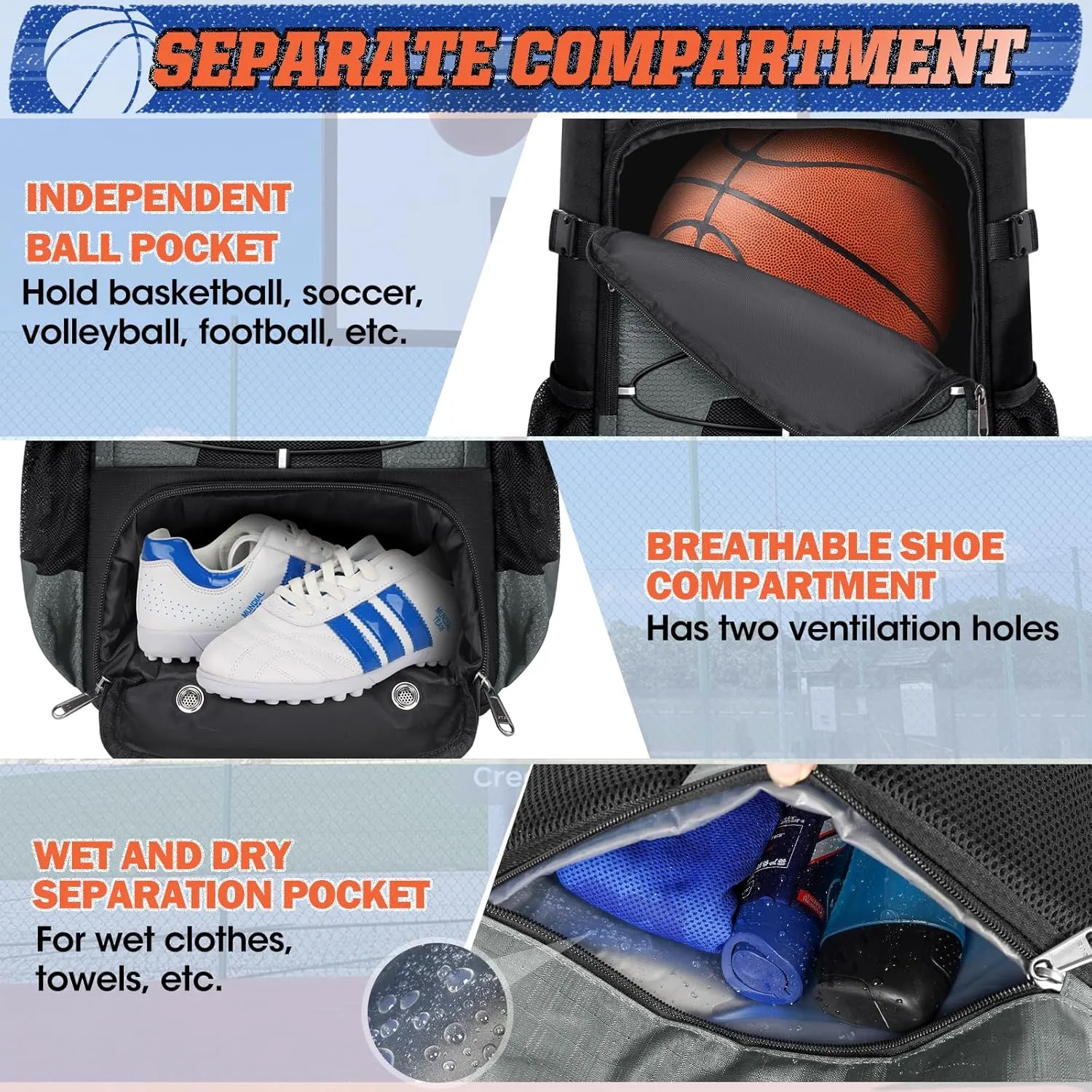 RAINSMORE Basketball Backpack 45L Basketball Bag with Separate Ball Holder & Shoes Compartment Water Resistant Sports Bag Basketball Equipment Bags Fit Volleyball, Soccer, Swim, Gym, Travel