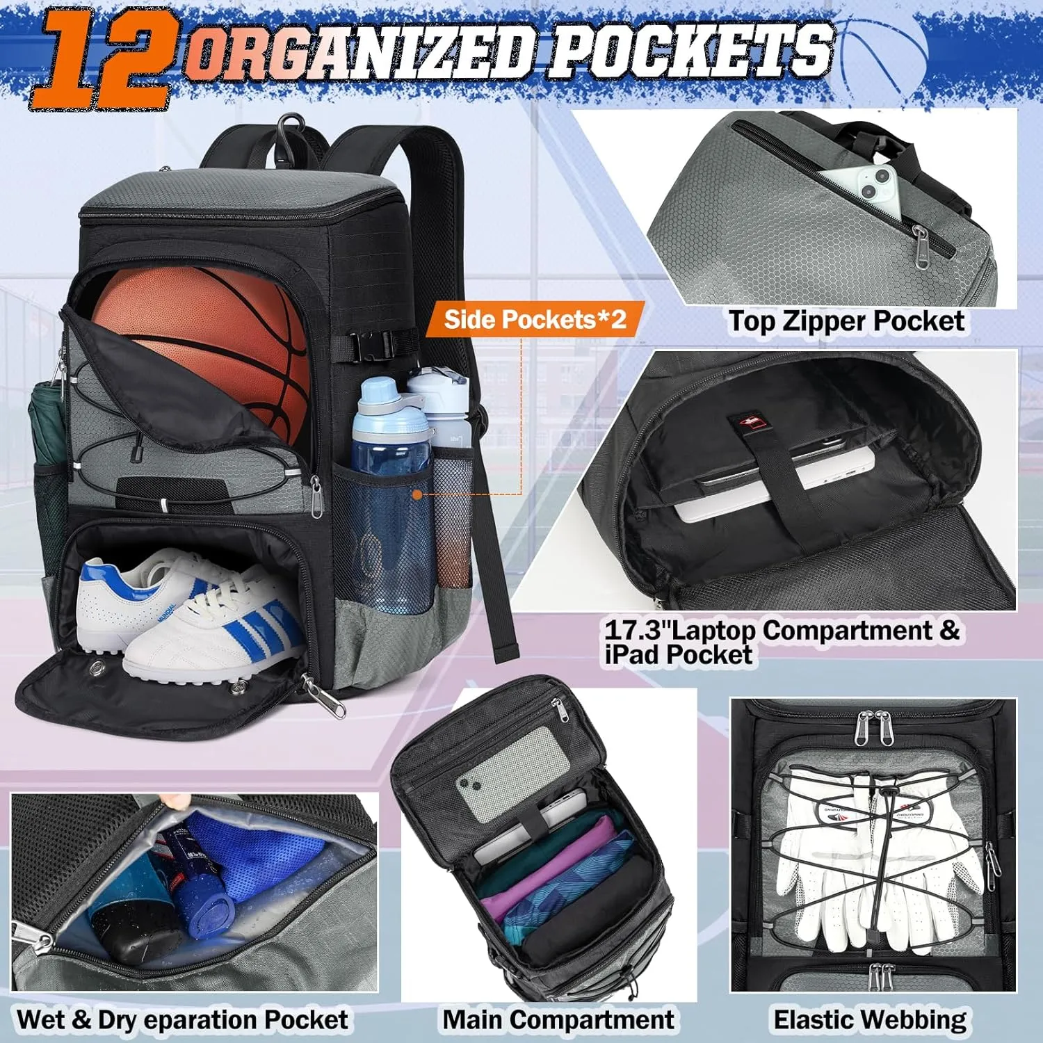 RAINSMORE Basketball Backpack 45L Basketball Bag with Separate Ball Holder & Shoes Compartment Water Resistant Sports Bag Basketball Equipment Bags Fit Volleyball, Soccer, Swim, Gym, Travel