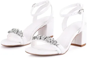 Rhinestone Heeled Sandals For Women Trendy Chunky Block Heel Strappy Sparkly Sandal With Ankle Strap Round Peep Toe Comfort Summer Shoes For Dating Wedding Dressy