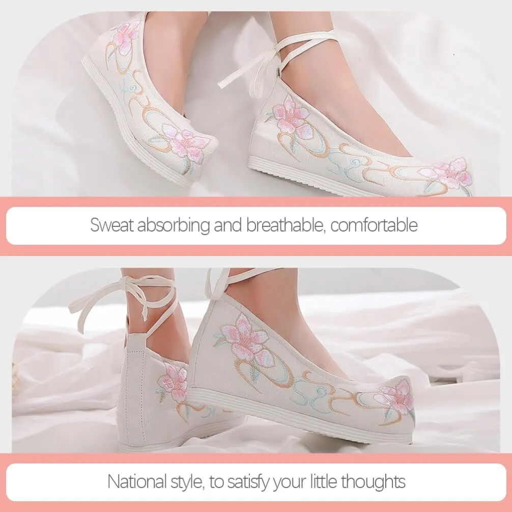 SAFIGLE 1 Pair Hanfu Shoes Thick-Soled Silk Shoes Ethnic Slope-Heel Shoes Embroidered Chinese Mesh Vintage Embroidery Shoes, 6, White