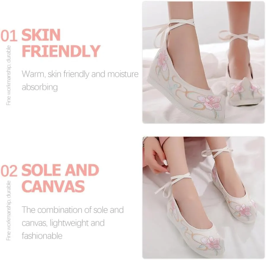 SAFIGLE 1 Pair Hanfu Shoes Thick-Soled Silk Shoes Ethnic Slope-Heel Shoes Embroidered Chinese Mesh Vintage Embroidery Shoes, 6, White
