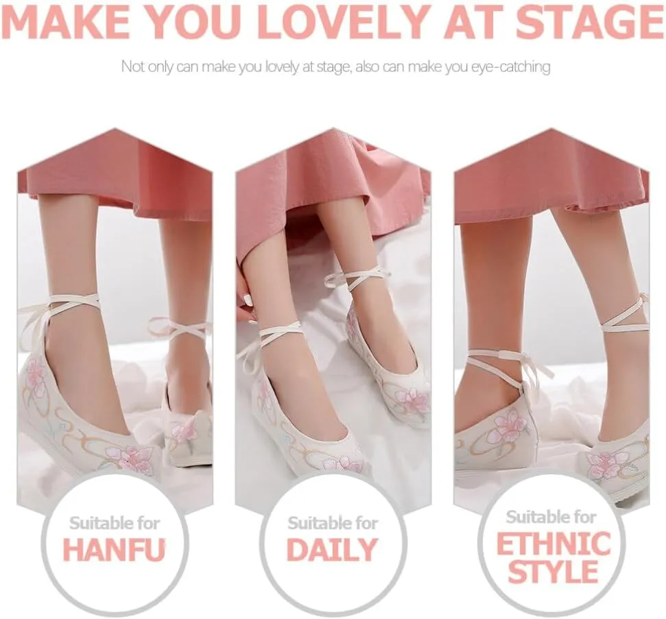 SAFIGLE 1 Pair Hanfu Shoes Thick-Soled Silk Shoes Ethnic Slope-Heel Shoes Embroidered Chinese Mesh Vintage Embroidery Shoes, 6, White