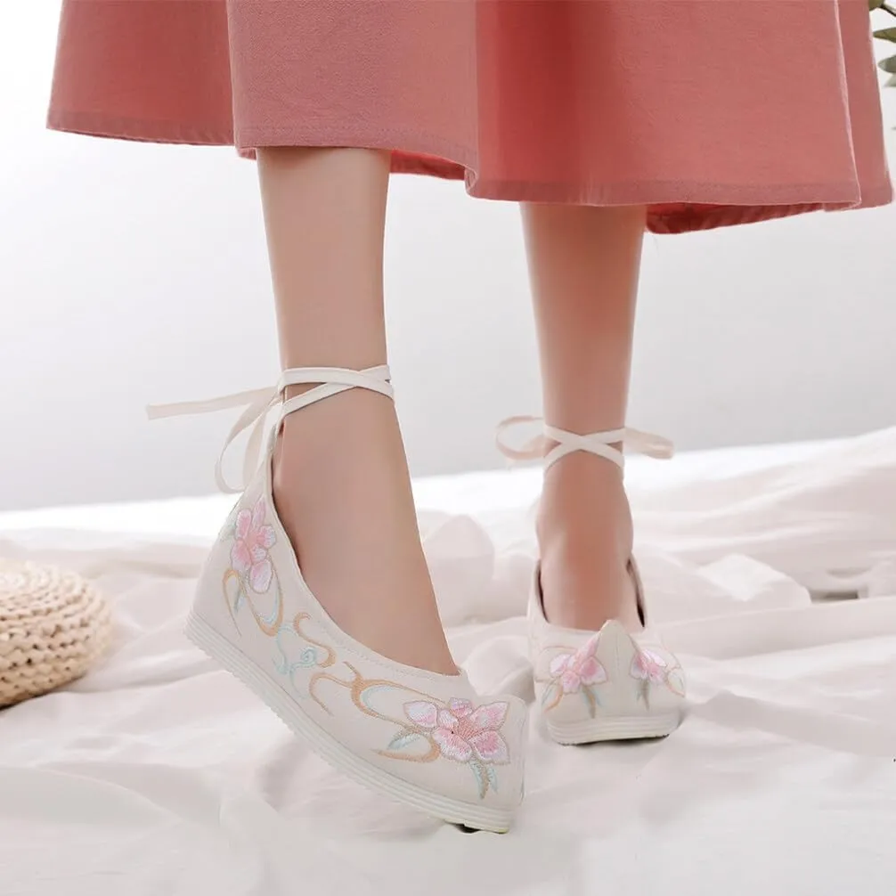 SAFIGLE 1 Pair Hanfu Shoes Thick-Soled Silk Shoes Ethnic Slope-Heel Shoes Embroidered Chinese Mesh Vintage Embroidery Shoes, 6, White