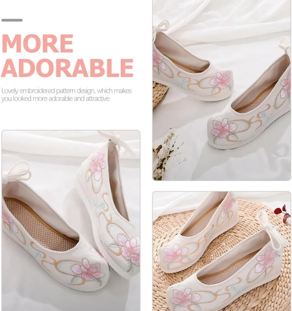 SAFIGLE 1 Pair Hanfu Shoes Thick-Soled Silk Shoes Ethnic Slope-Heel Shoes Embroidered Chinese Mesh Vintage Embroidery Shoes, 6, White