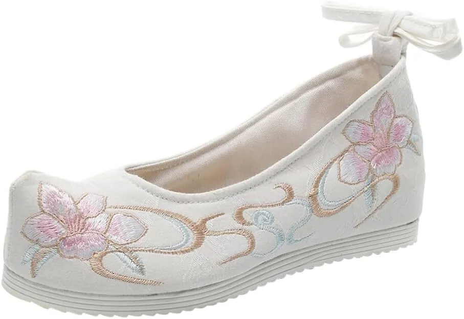 SAFIGLE 1 Pair Hanfu Shoes Thick-Soled Silk Shoes Ethnic Slope-Heel Shoes Embroidered Chinese Mesh Vintage Embroidery Shoes, 6, White