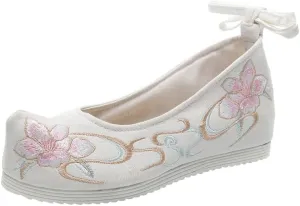 SAFIGLE 1 Pair Hanfu Shoes Thick-Soled Silk Shoes Ethnic Slope-Heel Shoes Embroidered Chinese Mesh Vintage Embroidery Shoes, 6, White