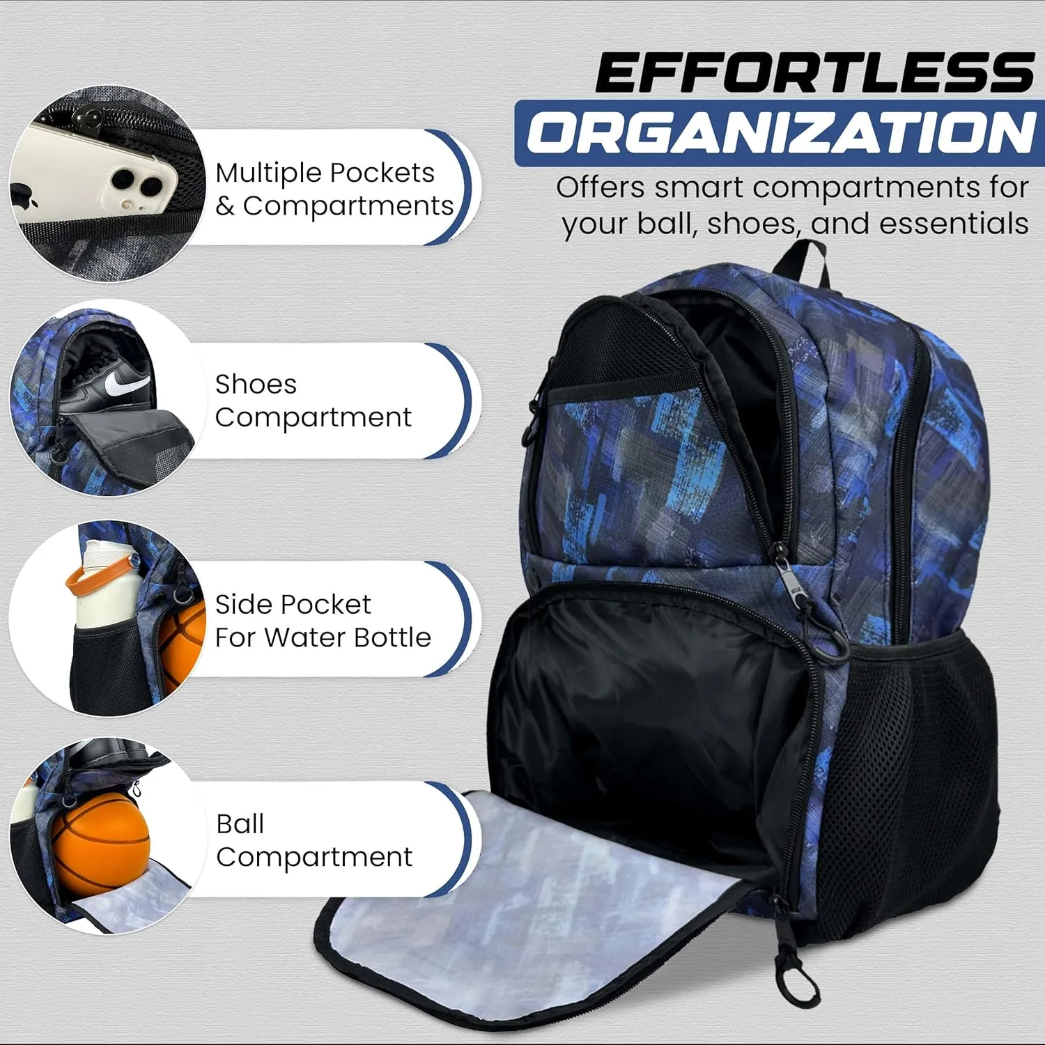 Soccer & Basketball Sports Bag with Ball Pump - Basketball Backpack with Separate Ball & Shoes Holder Compartment, Soccer Basketball Football & Volleyball Bag with Large Capacity