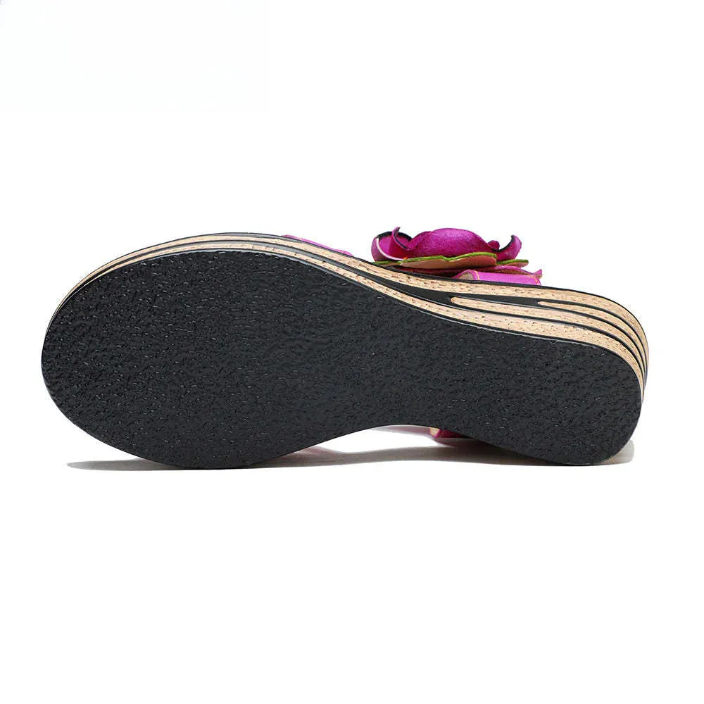 Socofy summer leather three-dimensional flowers comfortable sloping sandals