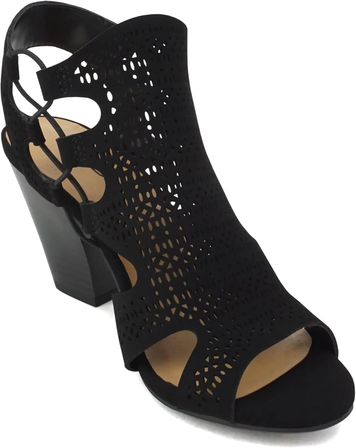Soda Zuka ~ Women Open Toe Laser Cut High Heel Sandal with Adjustable Ankle Strap