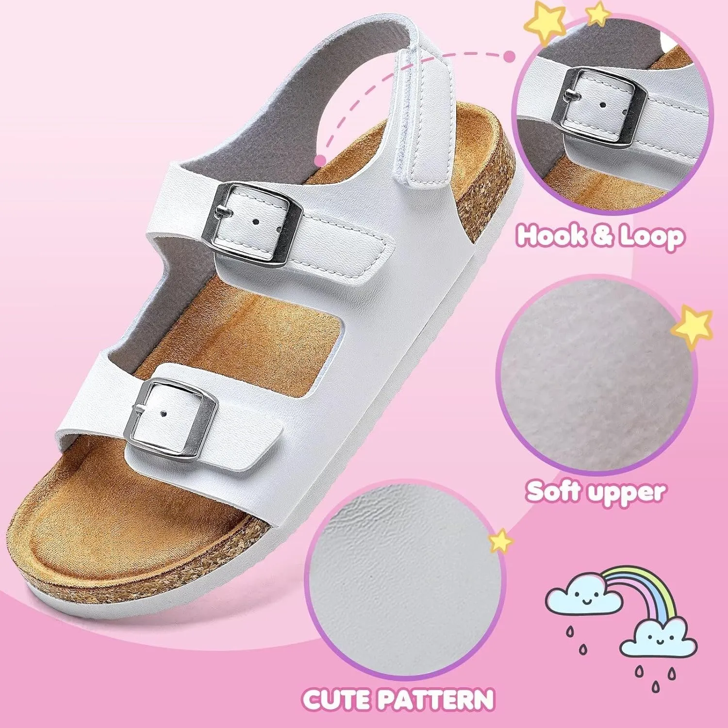 Torotto Girls Boys Sandals with Cork Footbed Adjustable Buckle Casual Slides Sandals Open Toes Flat for Kids Toddler