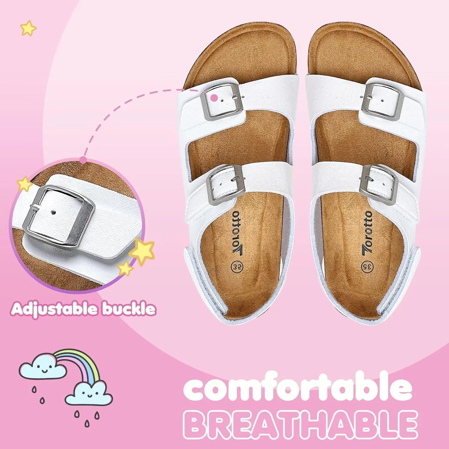 Torotto Girls Boys Sandals with Cork Footbed Adjustable Buckle Casual Slides Sandals Open Toes Flat for Kids Toddler