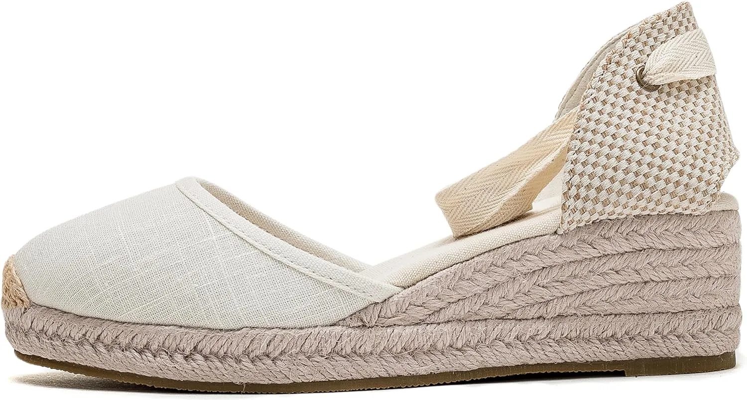 U-lite Womens Platform Wedge Sandals Espadrilles Closed Toe Ankle Strap Lace Up Ankle-Tie Strap Classic Espadrille Heel