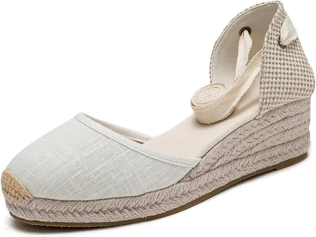 U-lite Womens Platform Wedge Sandals Espadrilles Closed Toe Ankle Strap Lace Up Ankle-Tie Strap Classic Espadrille Heel