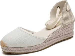 U-lite Womens Platform Wedge Sandals Espadrilles Closed Toe Ankle Strap Lace Up Ankle-Tie Strap Classic Espadrille Heel
