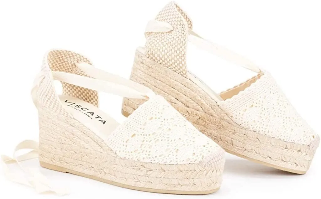 VISCATA Bisbe Canvas Platform Handmade 3 ½” Heel Women's Wedge Sandals with Breathable Cotton Canvas Soft Lace-Up Ankle Ties and 100% Natural Jute Midsole for all Casual Occasions