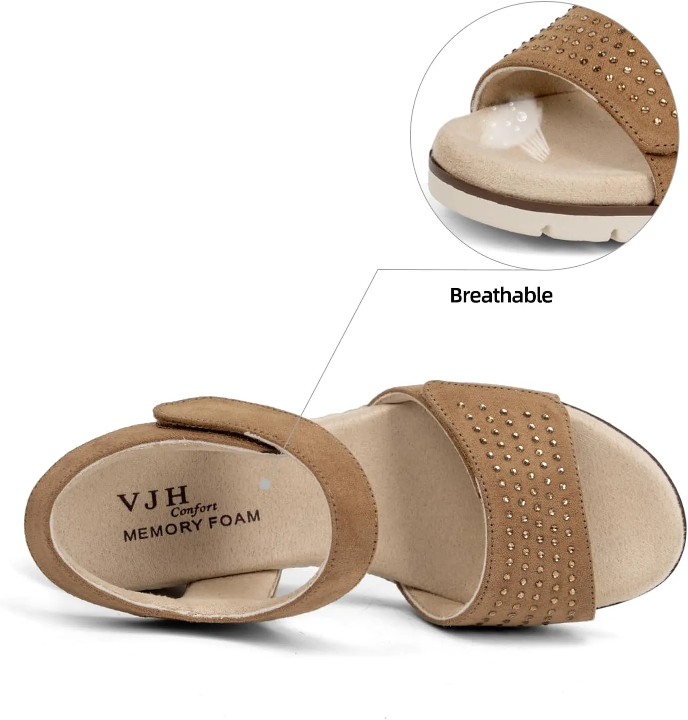 VJH confort Women's Wedge Sandals, Comfort Memory Foam Rhinestone Sandal with Adjustable straps