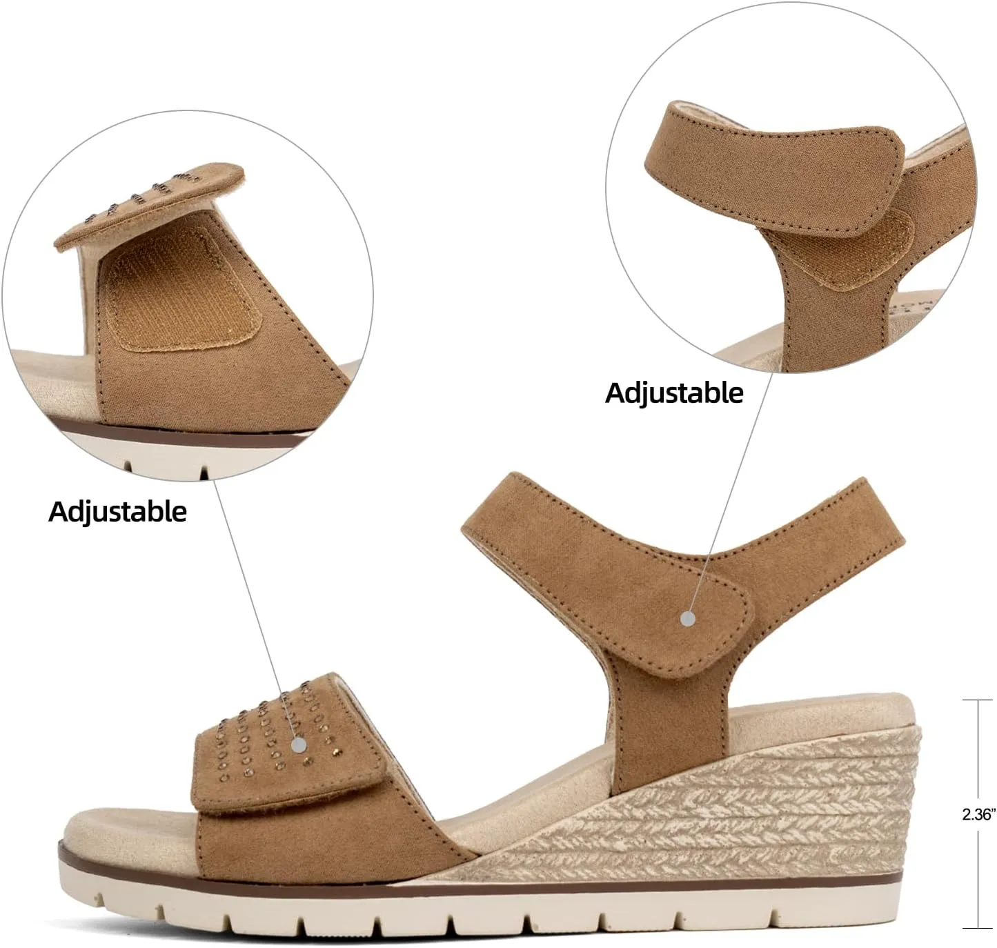 VJH confort Women's Wedge Sandals, Comfort Memory Foam Rhinestone Sandal with Adjustable straps