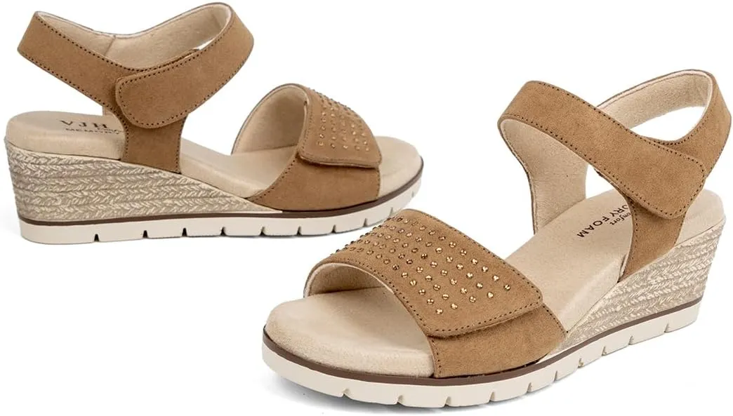 VJH confort Women's Wedge Sandals, Comfort Memory Foam Rhinestone Sandal with Adjustable straps