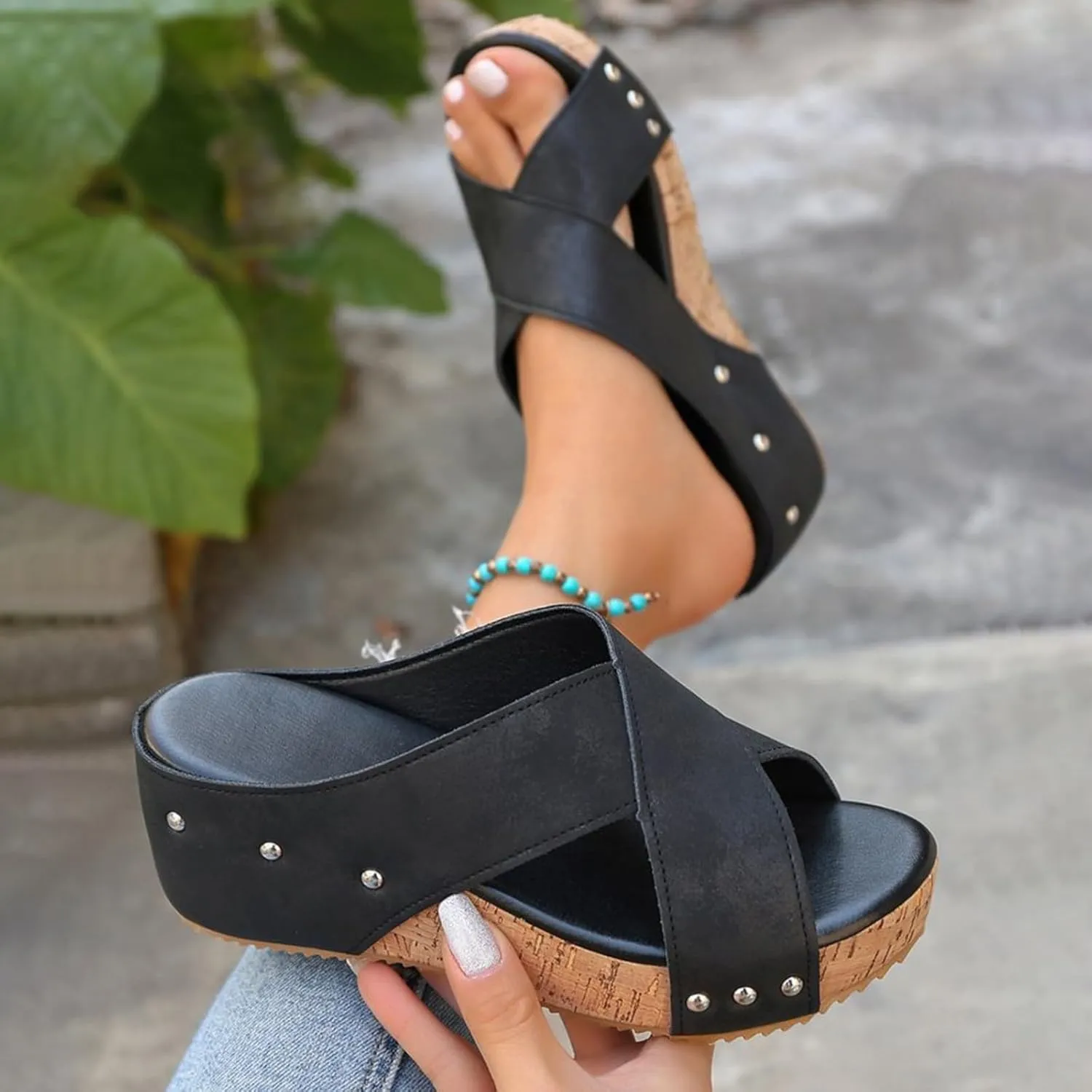 Wedge Sandals for Women Open Toe Slip On Slides Cork Heeled Cutout Comfortable Slide Sandals Criss Cross Straps Flat Clogs Slide Sandal Dressy Casual Boho Summer Beach Shoes