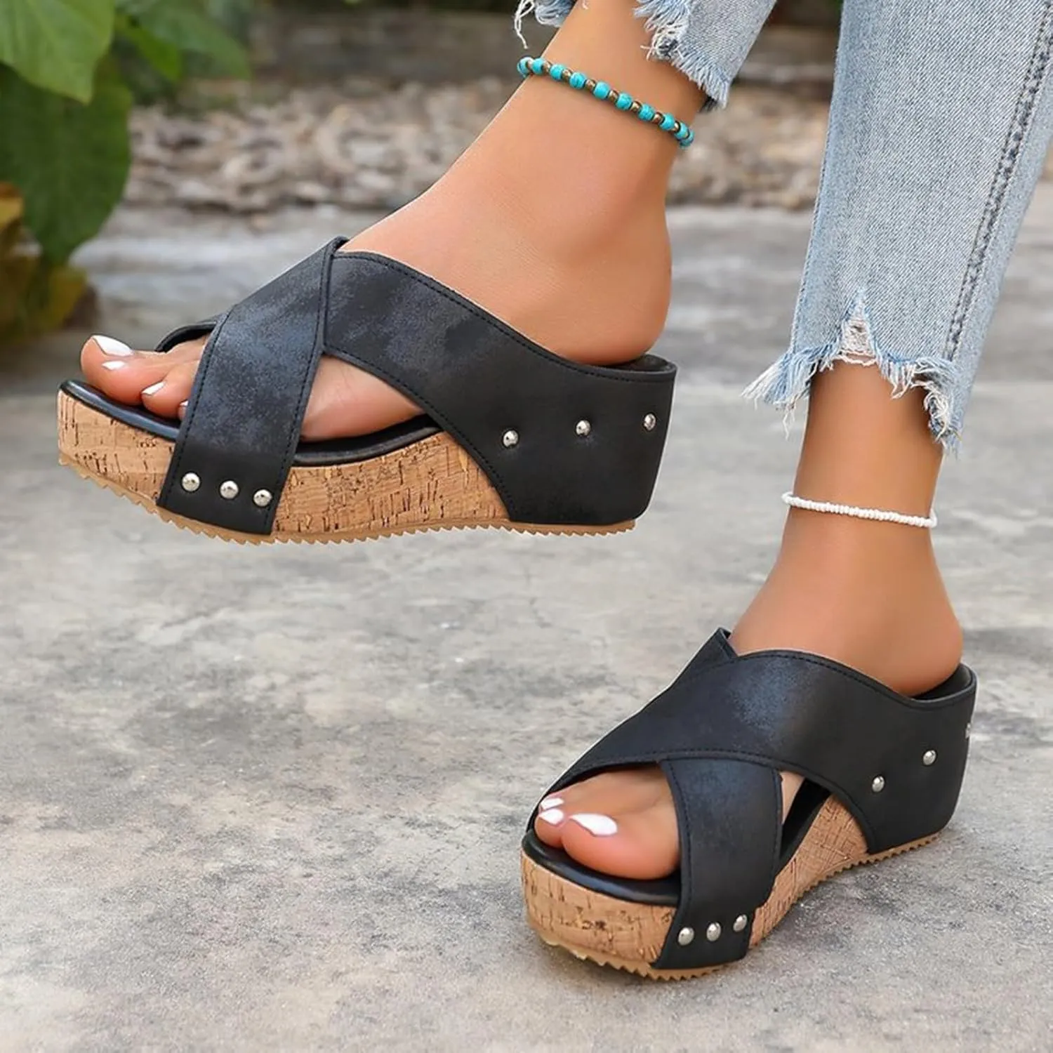 Wedge Sandals for Women Open Toe Slip On Slides Cork Heeled Cutout Comfortable Slide Sandals Criss Cross Straps Flat Clogs Slide Sandal Dressy Casual Boho Summer Beach Shoes