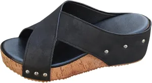 Wedge Sandals for Women Open Toe Slip On Slides Cork Heeled Cutout Comfortable Slide Sandals Criss Cross Straps Flat Clogs Slide Sandal Dressy Casual Boho Summer Beach Shoes
