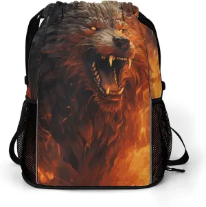 Wild Wolf in The Fire Drawstring Backpack Bags Gym Backpack with Shoe Compartment for Women Men Cinch Sack Sports Backpack with Mesh Pockets