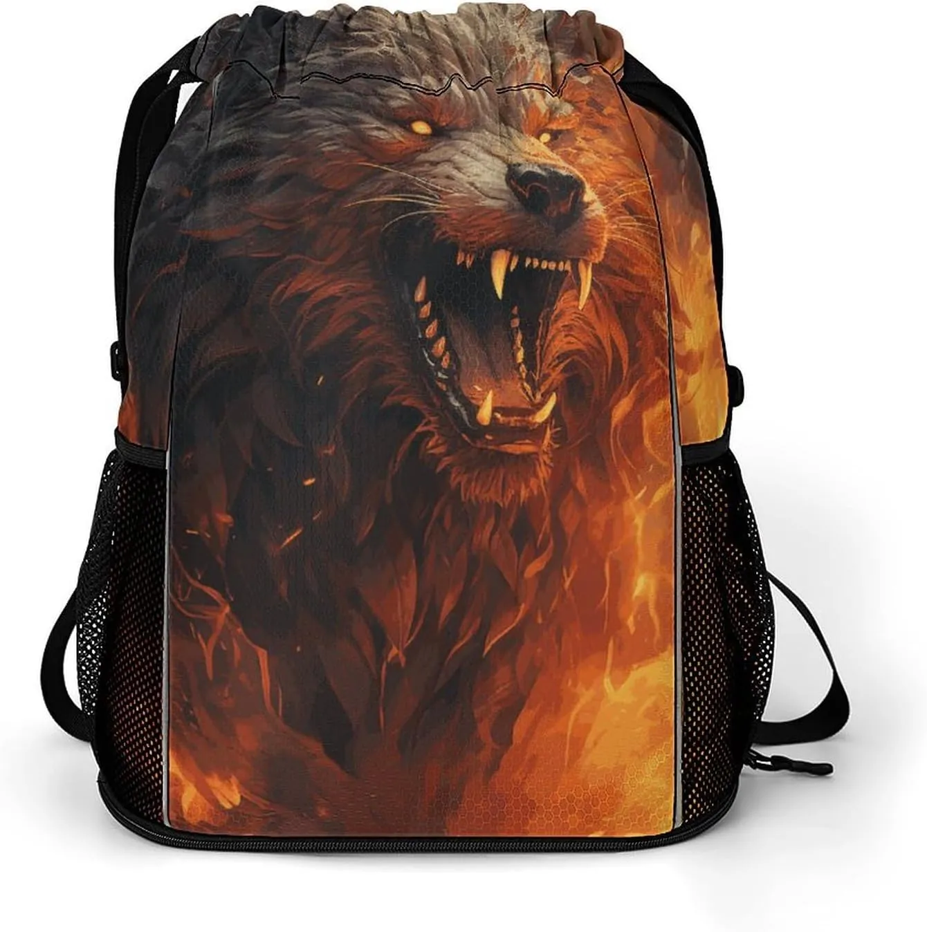 Wild Wolf in The Fire Drawstring Backpack Bags Gym Backpack with Shoe Compartment for Women Men Cinch Sack Sports Backpack with Mesh Pockets