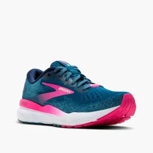 Womens Brooks Ghost 16 GTX Running Shoe in Moraccan Blue/Pink/Yellow