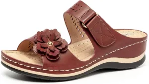 Women's Comfortable Platform Wedges Hook&Loop Adjustable Strappy Flower Black Sandals -Rhinestone Rivets Ladies Indoors Or Outdoors Comfortable Brown Slides For Women