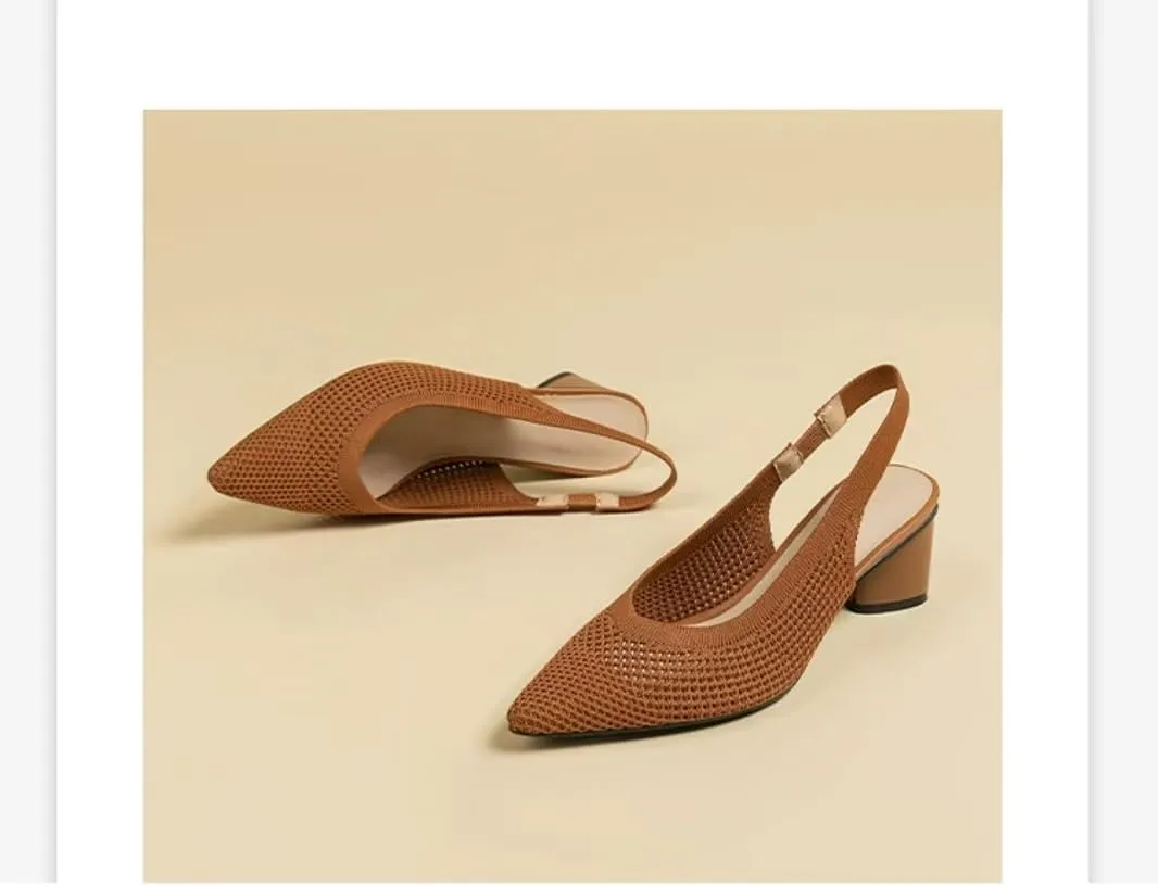 Womens Hollow Mesh Knitted Kitten Heels Slingback Work Pumps Comfortable Breathable Closed Pointed Toe Stylish Dressy Party Formal Shoes
