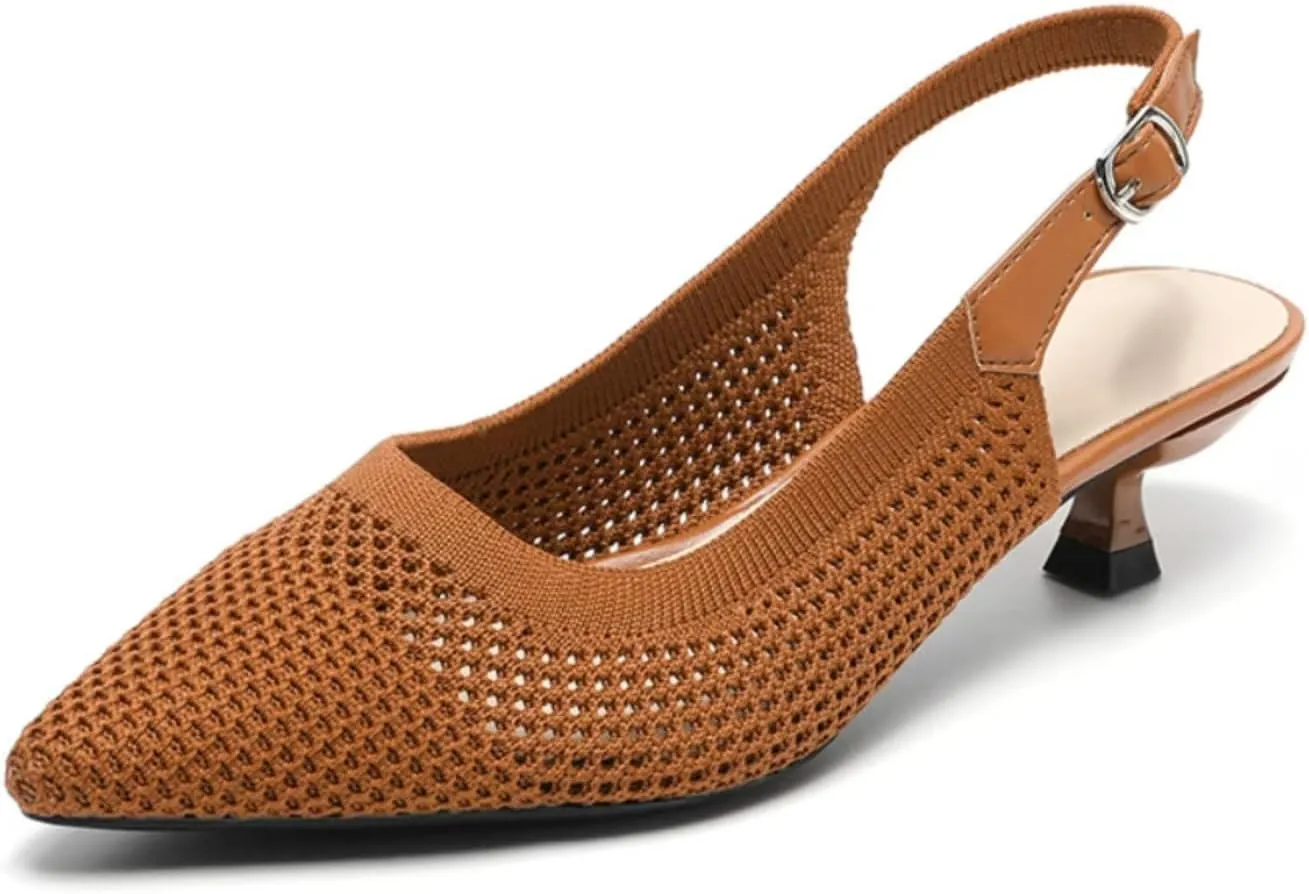 Womens Hollow Mesh Knitted Kitten Heels Slingback Work Pumps Comfortable Breathable Closed Pointed Toe Stylish Dressy Party Formal Shoes