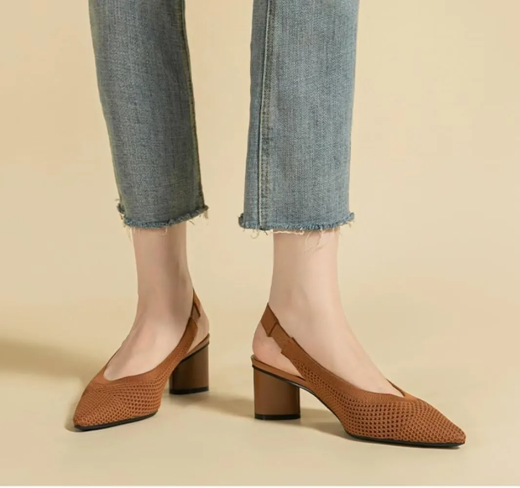 Womens Hollow Mesh Knitted Kitten Heels Slingback Work Pumps Comfortable Breathable Closed Pointed Toe Stylish Dressy Party Formal Shoes