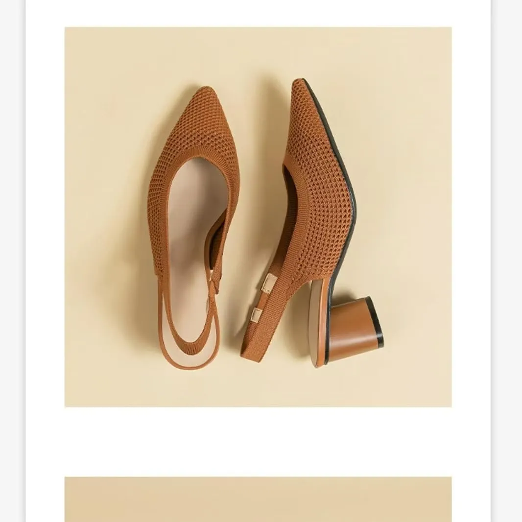 Womens Hollow Mesh Knitted Kitten Heels Slingback Work Pumps Comfortable Breathable Closed Pointed Toe Stylish Dressy Party Formal Shoes