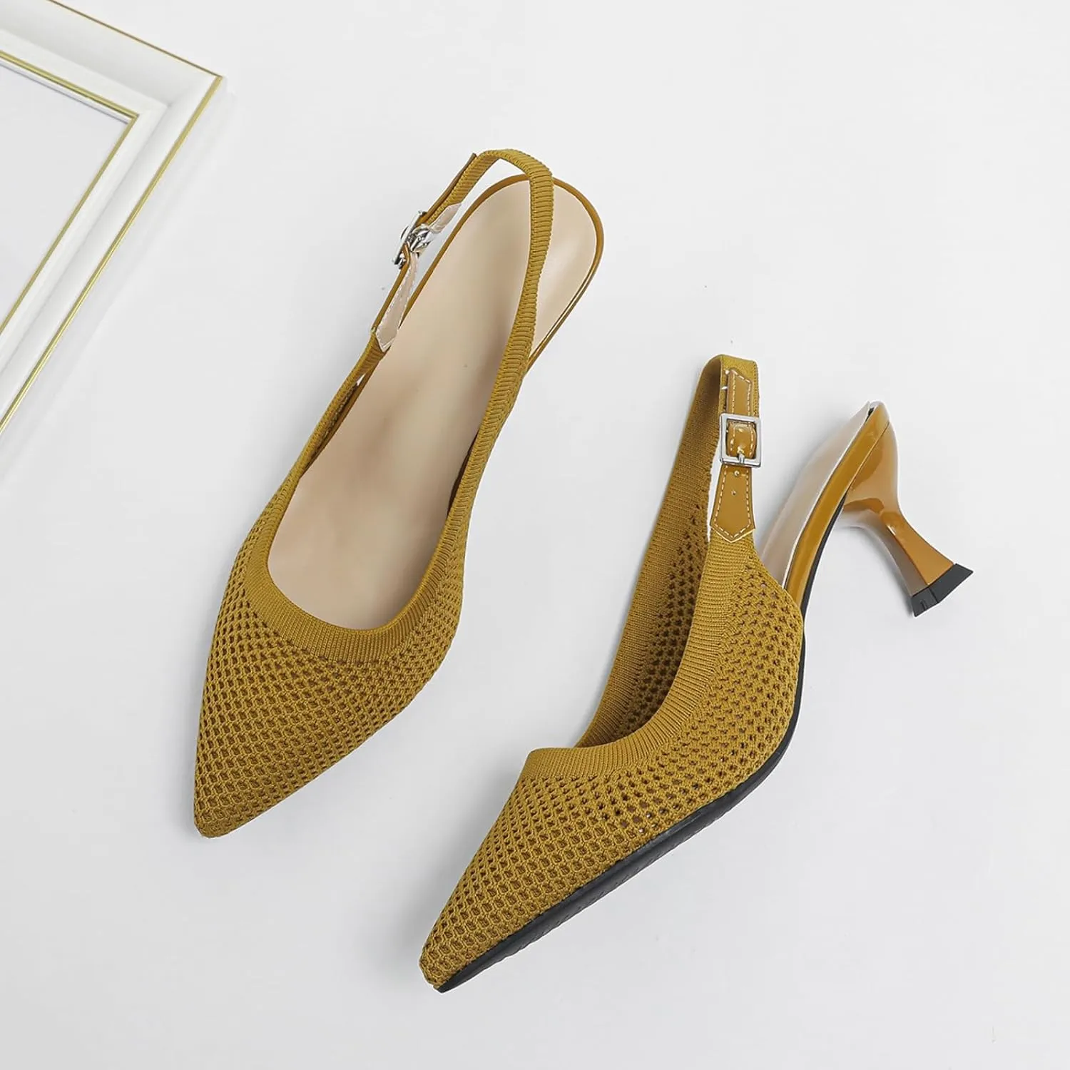 Womens Hollow Mesh Knitted Kitten Heels Slingback Work Pumps Comfortable Breathable Closed Pointed Toe Stylish Dressy Party Formal Shoes