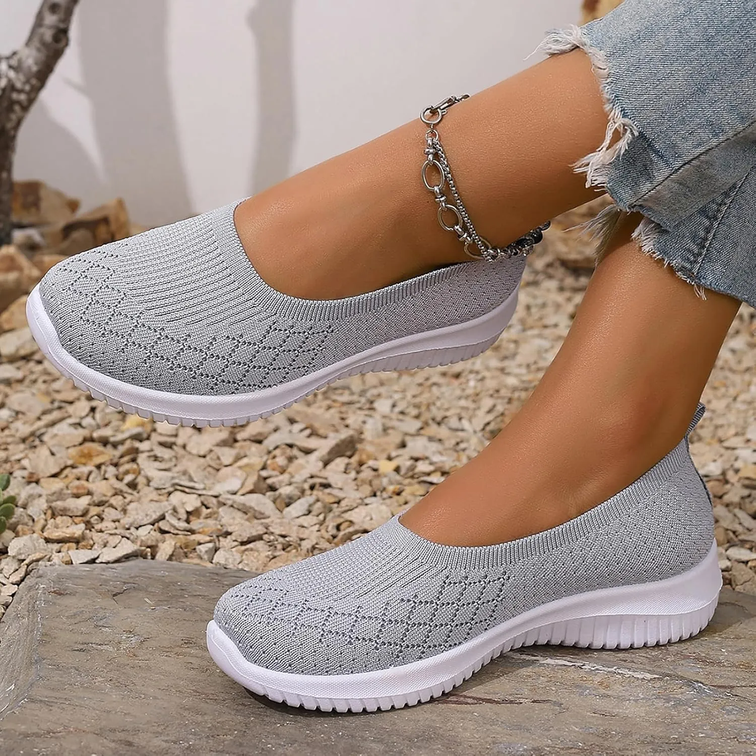 Women’s Knitted Flat Walking Shoes Comfortable Slip On Mesh Lightweight Low Heel Sneakers Casual Soft Gym Nurse Work Mom Loafers