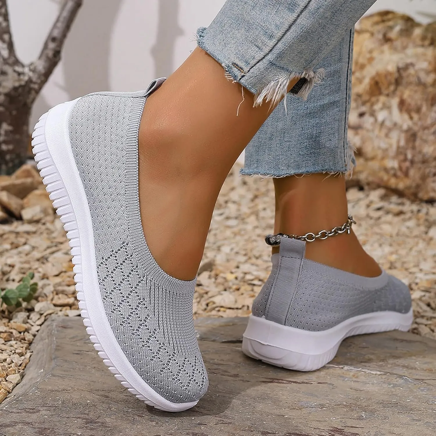 Women’s Knitted Flat Walking Shoes Comfortable Slip On Mesh Lightweight Low Heel Sneakers Casual Soft Gym Nurse Work Mom Loafers