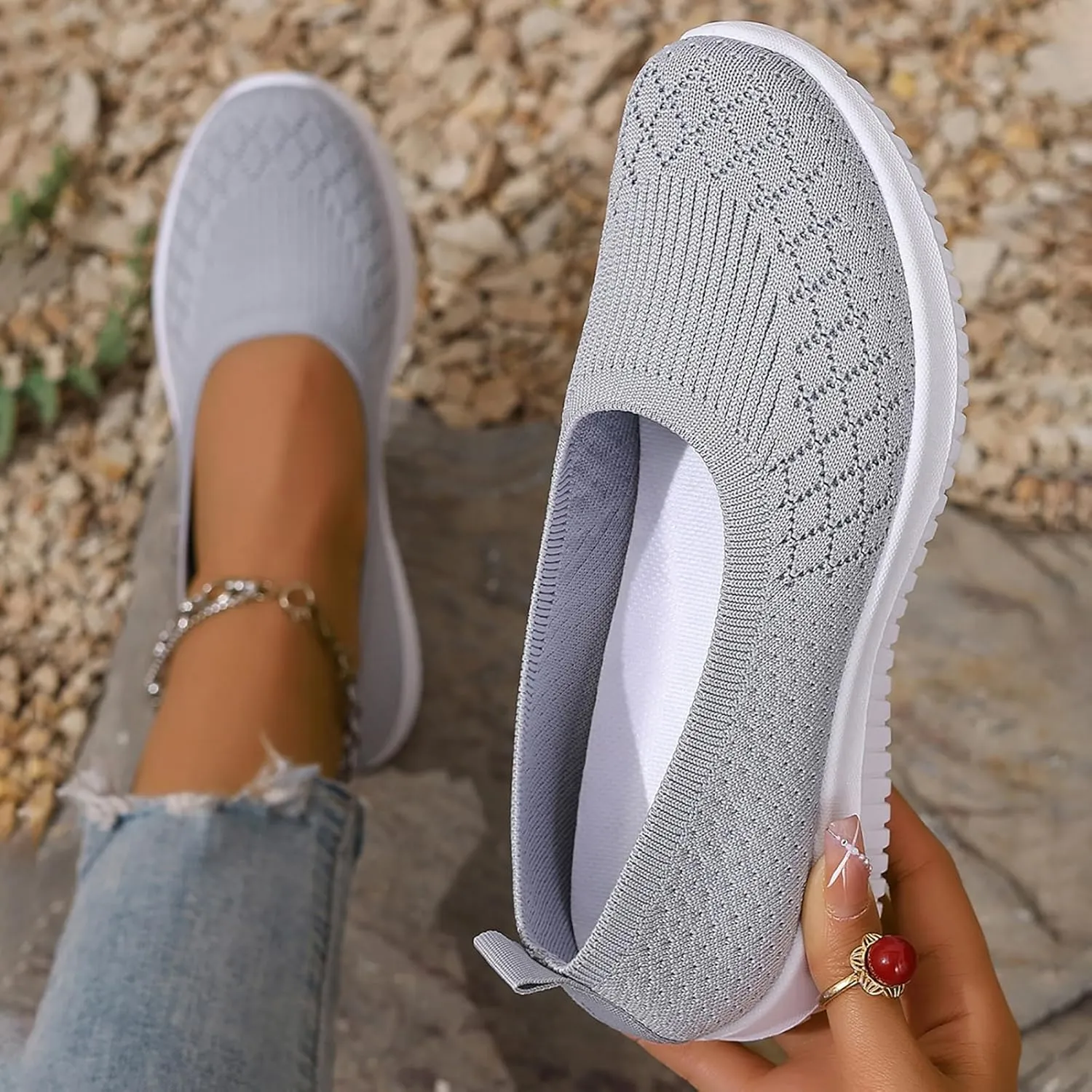 Women’s Knitted Flat Walking Shoes Comfortable Slip On Mesh Lightweight Low Heel Sneakers Casual Soft Gym Nurse Work Mom Loafers
