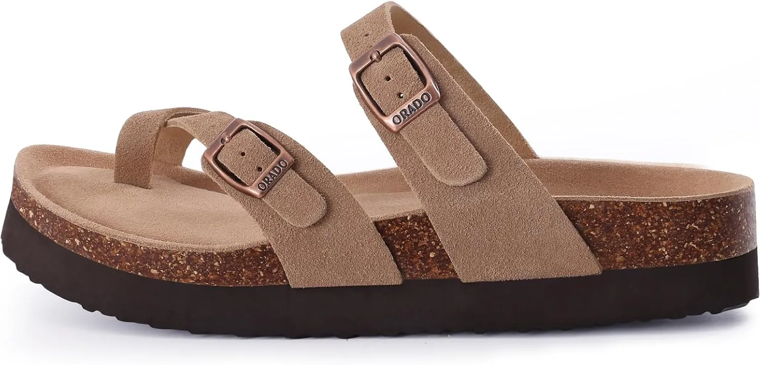 Women's Suede Platform Sandals Cork Footbed Adjustable Comfortable Support Summer Slides
