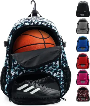 ZOEA Large Basketball Bag - Backpack for Basketball, Soccer & Volleyball Football Gym Includes Shoe & Ball & Laptop Compartment (Camouflage Blue)